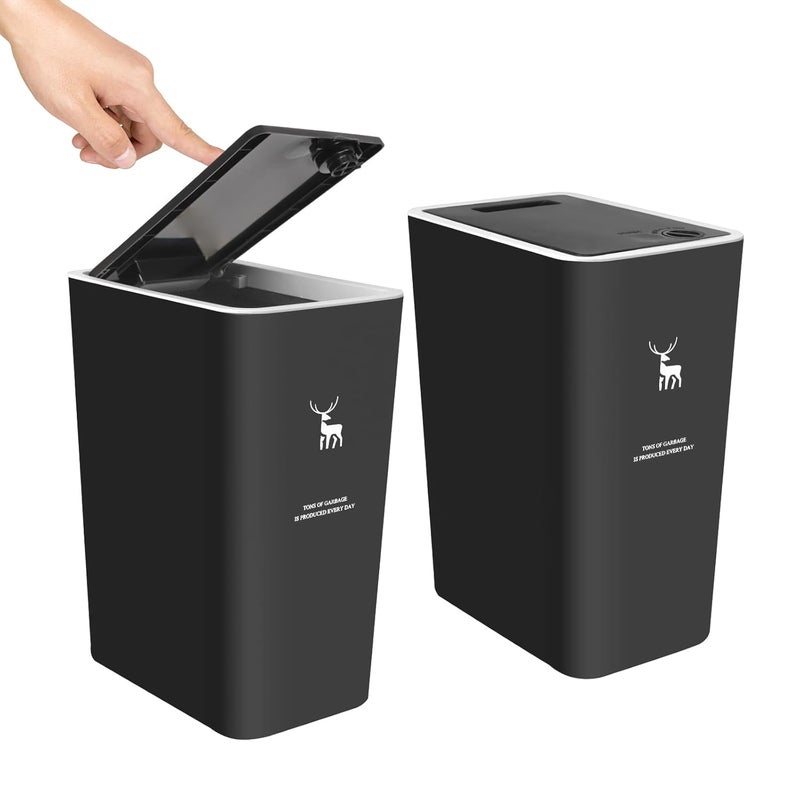 XPIY Trash Can with Lid, 2 Pack 4 Gallons/15 Liters Garbage Can with Press Top, Small Trash Can Dog Proof, Plastic Trash Bin, Waste Basket for Bathroom|Kitchen|Bedroom|Office (2, Black) - Image 1